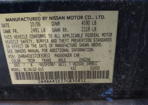 2007 Nissan Maxima 3.5 Sl z USA, uszkodzony, nr VIN 1N4BA41E57C830852